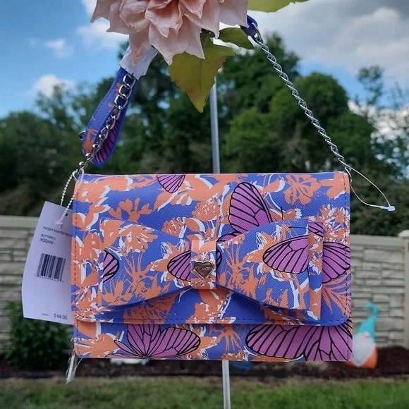 BETSEY JOHNSON ORANGE n PURPLE BUTTERFLY BOW BETSEY JOHNSON CROSSBODY/WALLET
